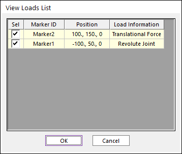 시스템 생성 대체 텍스트:
View L03d5 List 
Marker ID 
Marker2 
Markerl 
POSItlon 
100 
150 , 0 
Load Informatlon 
Translatlonal Force 
Revolute JOInt 
한국卜巨」 